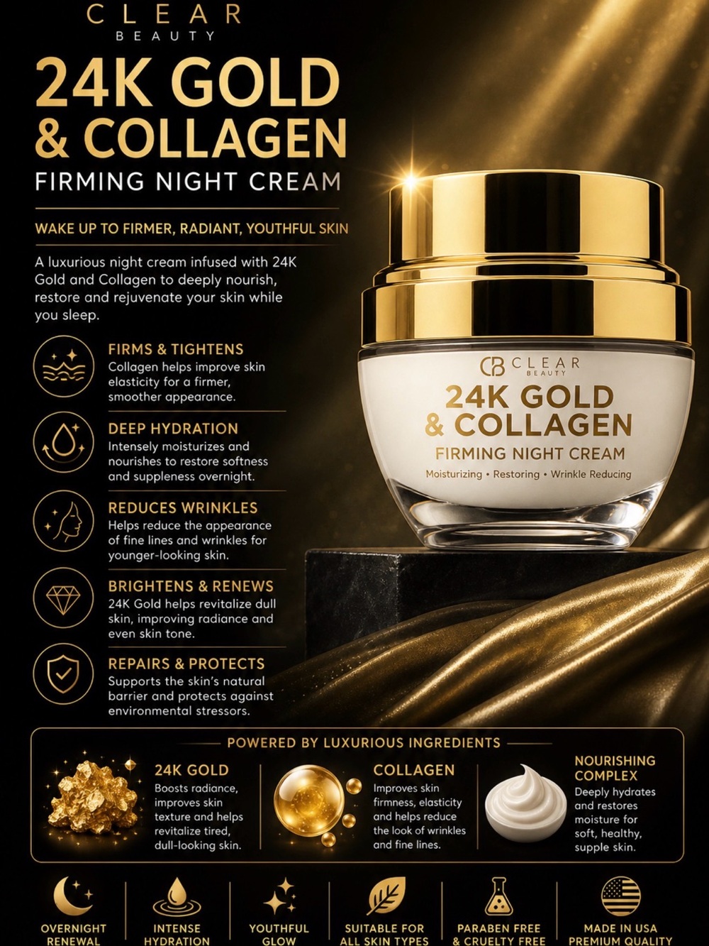 24K Gold & Collagen Firming Night Cream - Gold